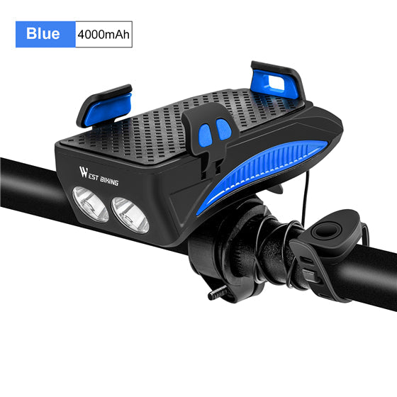 Bicycle Mobile Phone Holder With Electric Bell Horn Front Light - Blue Force Sports
