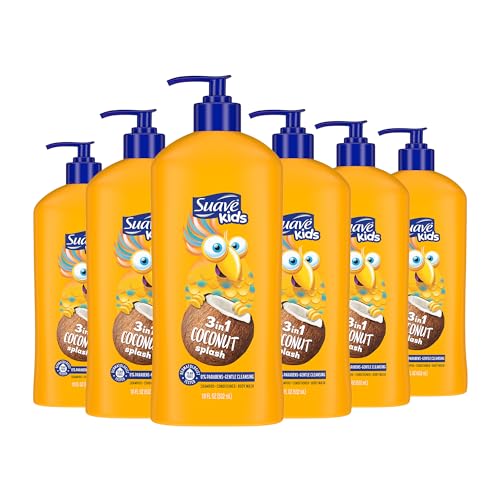 Suave Kids 3-in-1 Tear Free, Body Wash, Shampoo and Conditioners, Dermartologist Tested, Coconut Splash, 18 Oz Pack of 6