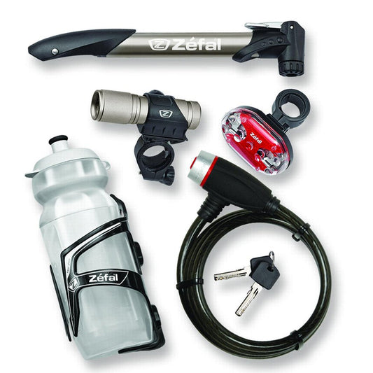 Zefal 6-Piece Bike Accessories Starter Pack 2.0 (Mini Hand Pump, Lock, Light Set, Bottle, Cage)
